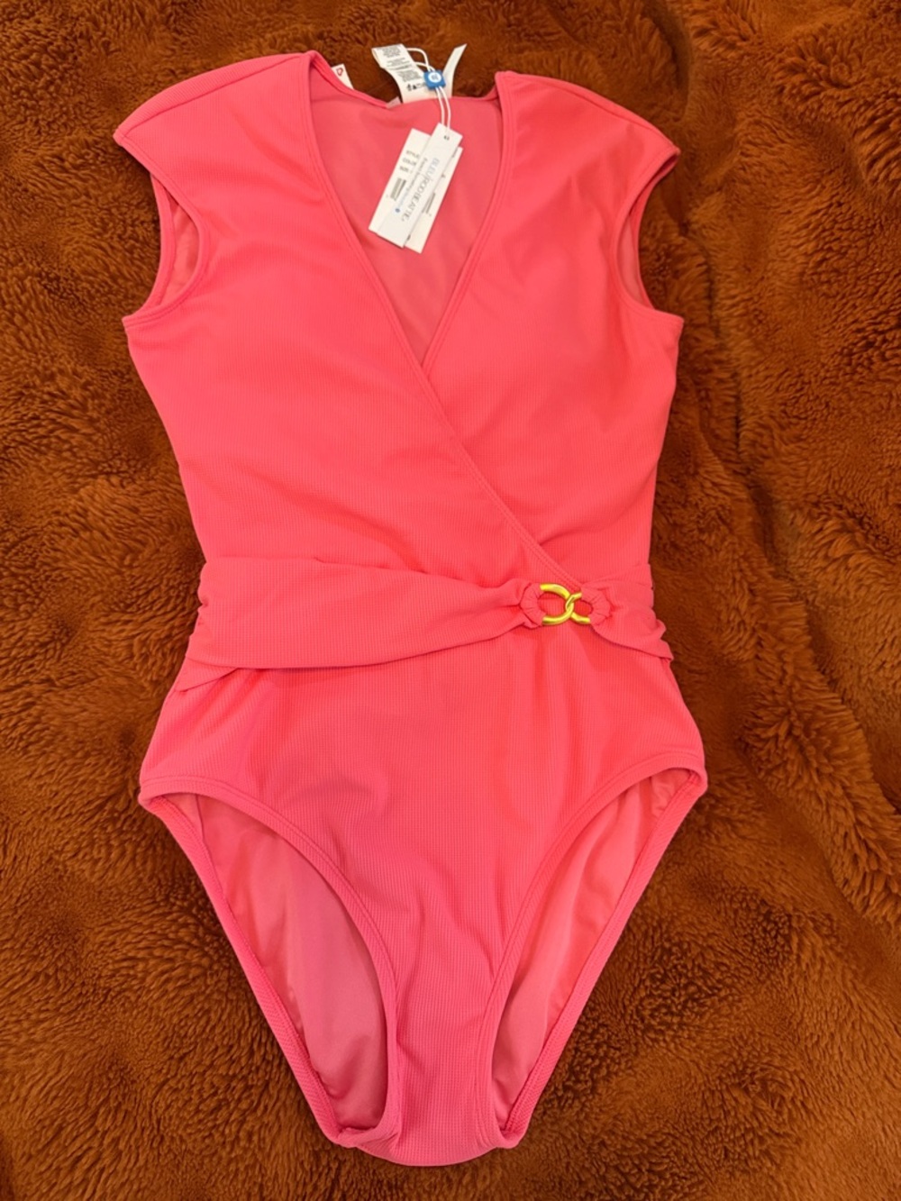 Bleu Rod Beattie Coral Pink One-Piece Swimsuit with Gold Accent